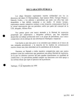 Declaración Pública de Personal de Diario El Metropolitano relativa a Despido de Directiva