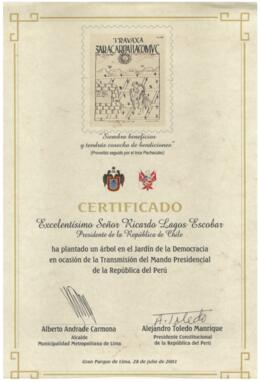 Certificado otorgado al Presidente Ricardo Lagos por su participación en acto del Jardín de la De...