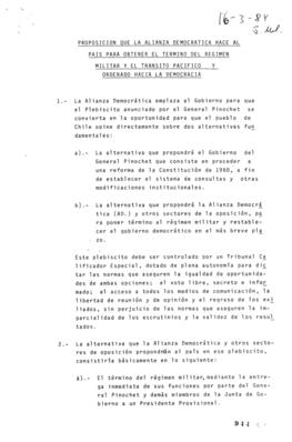 Proposición de La Alianza Democrática al País para obtener el término del Régimen Militar y el tr...
