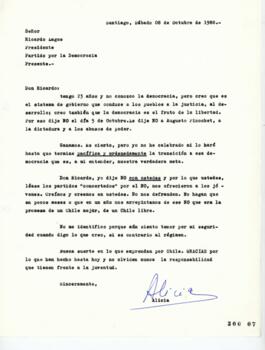 Carta de Joven Chilena dirigida a Ricardo Lagos relativa a Triunfo del No y Futuro de Chile