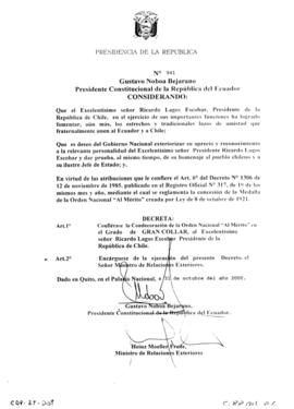 Decreto del Presidente de Ecuador que otorga el Grado de Gran Collar de la Orden Nacional al Méri...