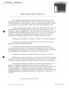 Declaración Pública de Comando de Ricardo Lagos relativa a Llamado a Votar por Zaldivar