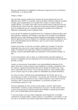 Discurso del Presidente de la República en Entrada en Vigencia de la Ley de Filiación