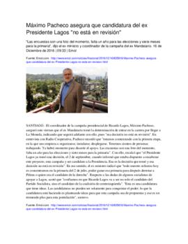 Máximo Pacheco asegura que candidatura del ex Presidente Lagos no está en revisión. Nota de prensa