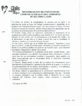 Ministro Huepe definió estilos comunicacionales del Gobierno de Ricardo Lagos. Comunicado de Prensa