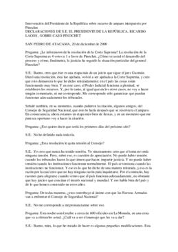 Intervención del Presidente de la República sobre recurso de amparo interpuesto por Pinochet