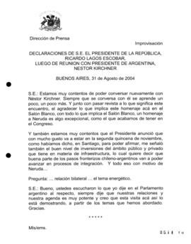 Declaraciones de S.E. el Presidente de la República, Ricardo Lagos Escobar, luego de Reunión con ...