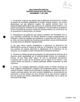 Declaración Pública de Partido Socialista de Chile relativa a Extradición de Pinochet a Chile