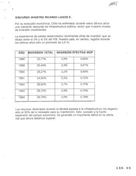 Discurso de Ministro de Obras Públicas relativo a Inversiones de su Cartera hasta el Año 1994