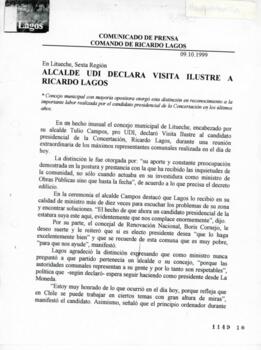 Alcalde UDI declara visita ilustre a Ricardo Lagos. En Litueche, sexta región. Comunicado de Prensa