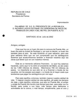 Palabras de S.E. el Presidente de la República, D.Ricardo Lagos, en ceremonia de Inicio de Trabaj...