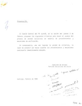 Minuta con Propuesta de Criterios para Unidad de Partido Socialista