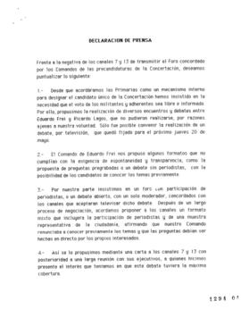 Declaración de Prensa relativa a Negativa de Canal 7 y 13 Transmisión Foro Presidencial