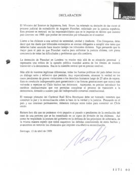 Declaración de Ricardo Lagos relativa a Decisión de Jack Straw sobre Extradición de Pinochet a Es...