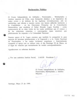 Declaración Pública de Jubilados relativa a Apoyo a Candidatura Presidencial de Ricardo Lagos