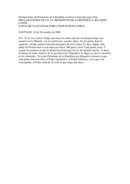 Declaraciones de S.E. el Presidente de la República, Ricardo Lagos, luego de clausurar Foro Unión...
