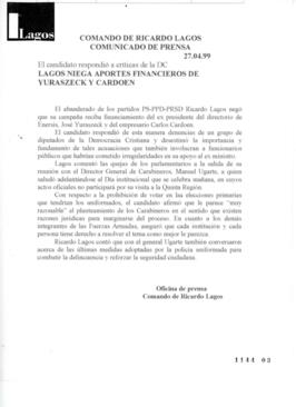 Lagos niega aportes financieros de Yuraszeck y Cardoen. Comunicado de Prensa