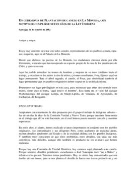 En ceremonia de plantación de canelo en La Moneda, con motivo de cumplirse 9 años de la Ley Indígena