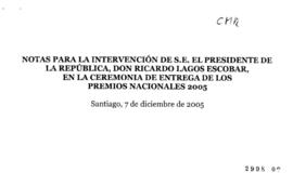 Notas para Intervención del Presidente de la República en Ceremonia de Entrega de los Premios Nac...