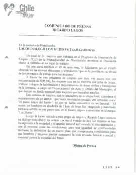 Lagos dialogó con mujeres trabajadores. En la comuna de Huechuraba. Comunicado de Prensa