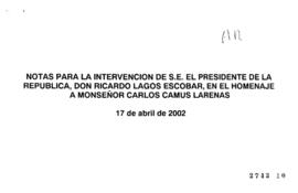 Notas para Discurso en Homenaje a Monseñor Carlos Camus Larenas