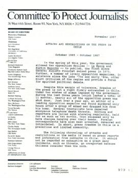 Attacks and restrictions on the press in Chile.  Octubre 1985 -Octubre 1987
