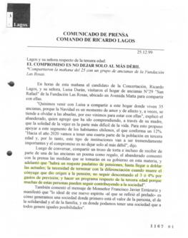 El compromiso es no dejar solo al más débil. Lagos y su señora respecto de la tercera edad