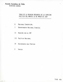 Tabla relativa a Reunión Ordinaria de Comisión Política