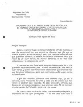 Palabras del Presidente de la República, D. Ricardo Lagos Escobar, al Inaugurar Sede Universidad ...