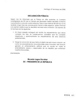 Declaración Pública de Ricardo Lagos relativa a invitación de la Comisión Investigadora de Empres...