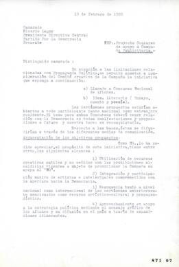 Carta de Luis Quilán a Ricardo Lagos sobre proyecto Concurso de Apoyo a Campaña Publicitaria