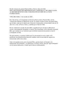 Declaraciones del Presidente de la República, Ricardo Lagos, al recibir renuncia del Comandante e...