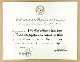 Diploma otorgado por el Gobierno de Paraguay al Presidente Ricardo Lagos, mediante el cual se le ...