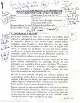 Actividades de prensa del Presidente de la República. Inauguración del consultorio El Melón