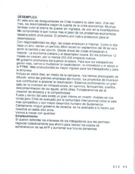 Minuta con palabras de Candidato Presidencial relativas a los planes para Combatir en Desempleo e...