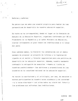 Discurso de José Joaquín Brunner relativo a Trabajos de la Comisión de Estudios de Educación Supe...