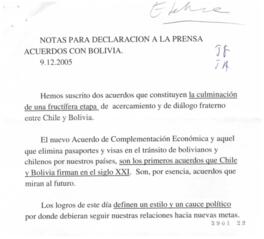Notas para la declaración a la prensa. Acuerdos con Bolivia