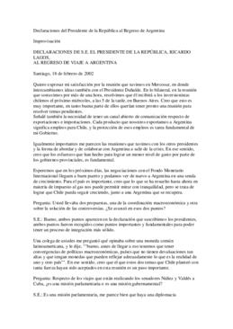 Declaraciones del Presidente de la República, Ricardo Lagos, al regreso de viaje a Argentina