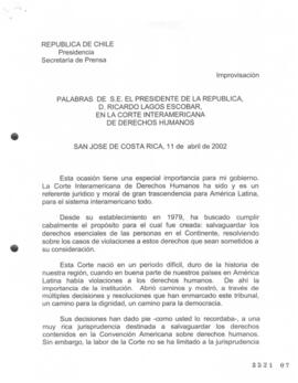 Palabras de S.E. el Presidente de la República, D. Ricardo Lagos Escobar, en Corte Interamericana...