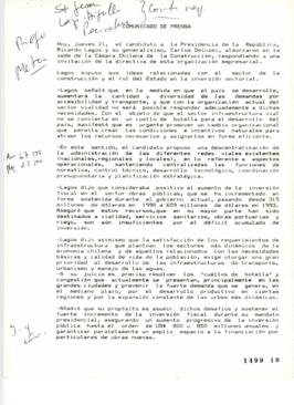 Comunicado de Prensa relativo a Almuerzo de Ricardo Lagos con Directiva de Cámara Chilena de la C...