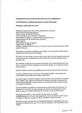 Discurso de Ricardo Lagos E. en Inauguración de Escuela de Gobierno