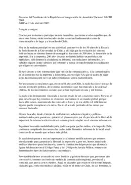 Discurso del Presidente de la República en Inauguración de Asamblea Nacional ARCHI 2003