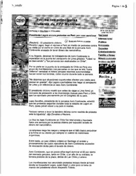 Presidente Lagos encara protestas en Perú por caso aerolínea. Artículo de prensa