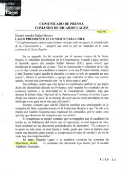 Lagos Presidente es lo mejor para Chile. Declaró senador Rafael Moreno. Comunicado de Prensa