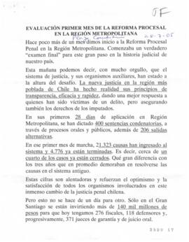 Evaluaciones primer mes de la Reforma Procesal en la Región Metropolitana