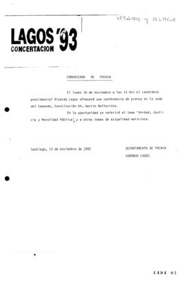Comunicado de Prensa relativo a Conferencia de Prensa Ofrecida por Ricardo Lagos