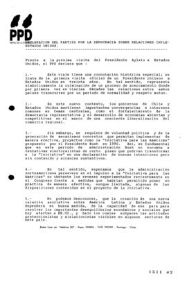 Declaración del Partido Por la Democracia relativa a Relaciones Entre Chile y Estados Unidos