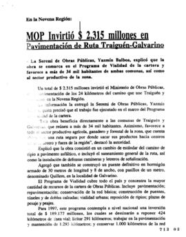 MOP invirtió 2.315 millones en pavimentación de ruta Traiguén-Galvarino