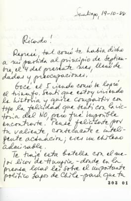 Carta dirigida a Ricardo Lagos relativa a Triunfo Opositor en Plebiscito