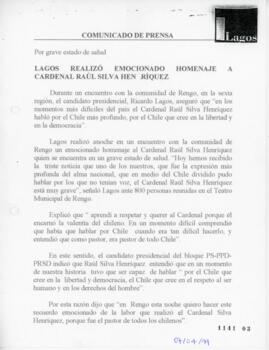 Lagos realizó emocionado homenaje a Cardenal Raúl Silva Henríquez. Comunicado de Prensa